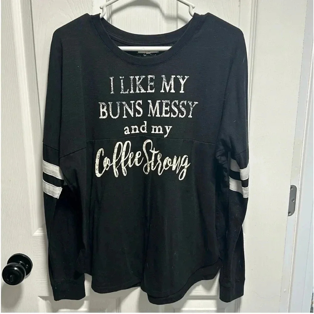 Maurice’s coffee graffic long sleeve top. - Picture 2 of 5